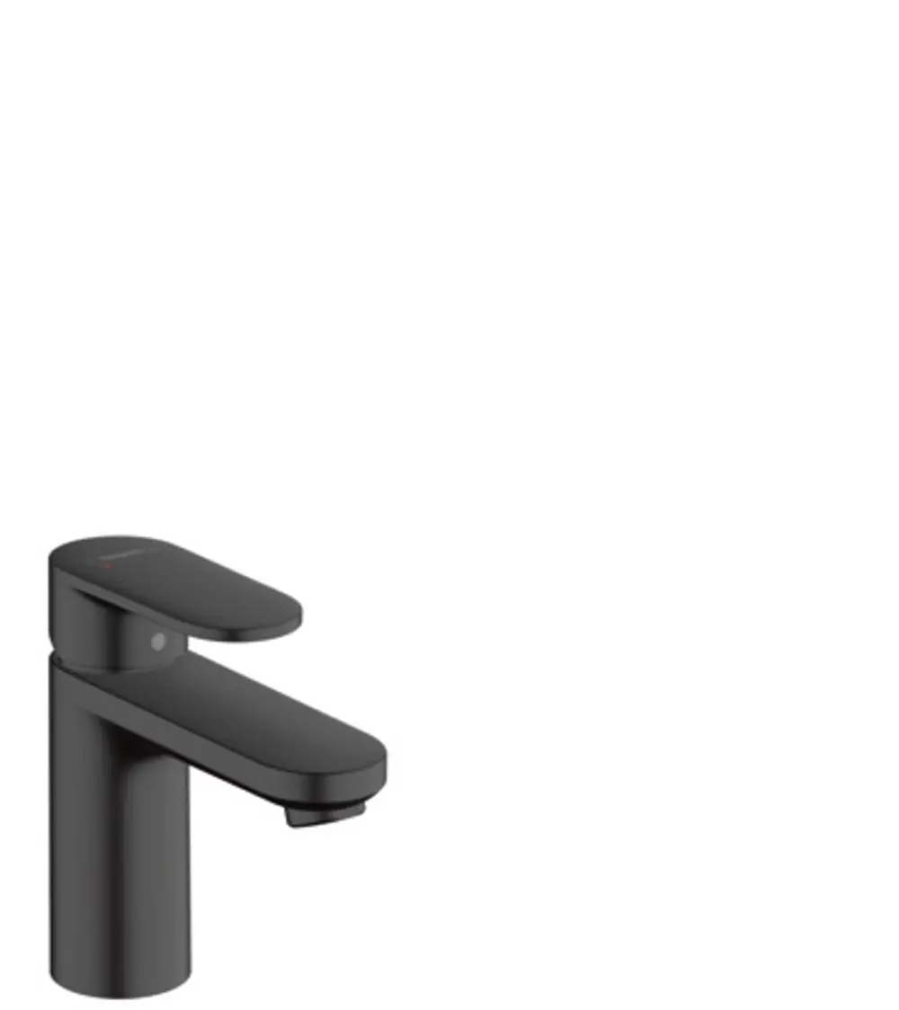 Schwarzer Einhebel-Waschtischmischer von Hansgrohe mit flachem Hebel und Auslauf, geeignet für die Montage an einem Waschbecken, schlichtes Design.